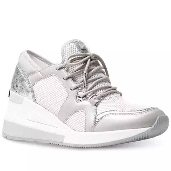 MICHAEL KORS Scout Sneakers Leather Wedge Heel Lace Up Silver Metallic 8M - Picture 1 of 16